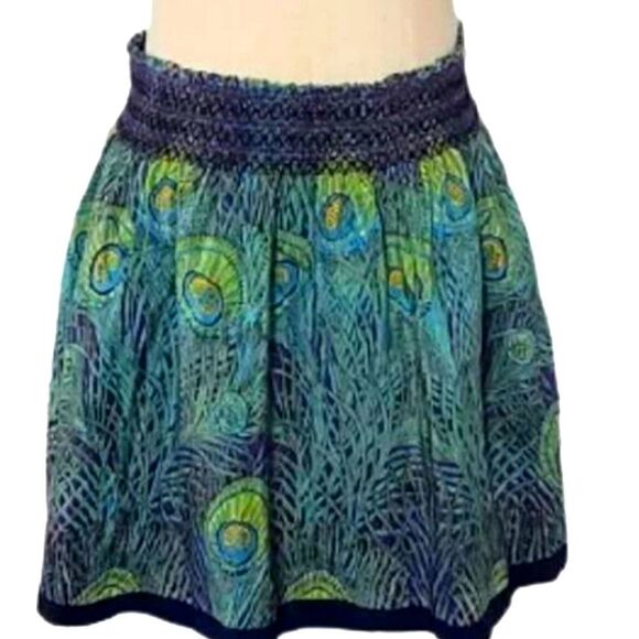 Anthropologie Silk Skirt Peacock Feather Print Kimchi Blue - Picture 1 of 14